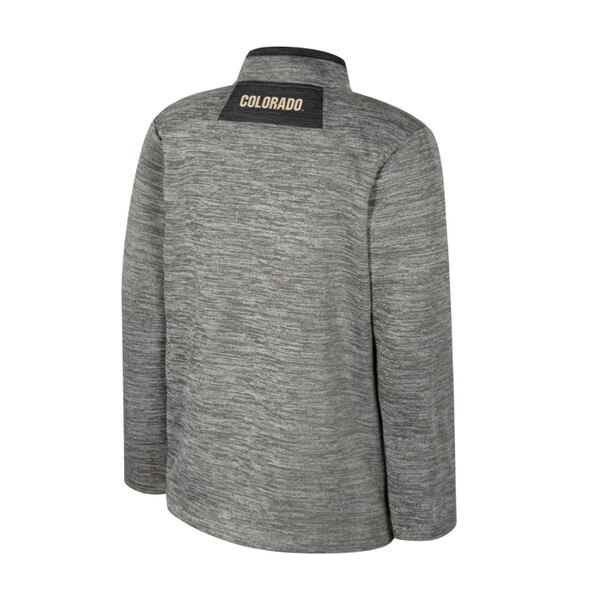All gray backside of Colosseum youth quarter zip with black patch on collar that features "COLORADO."